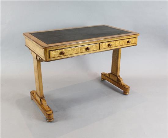 A mid Victorian Hungarian ash and purple heart banded writing table, attributed to Holland & Sons, W.3ft